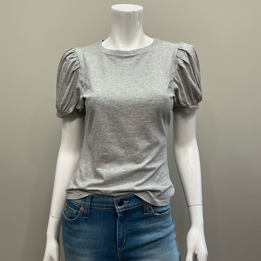 PAIGE Matcha Gray Puff Sleeve Cotton T-Shirt Women's Top Pleated